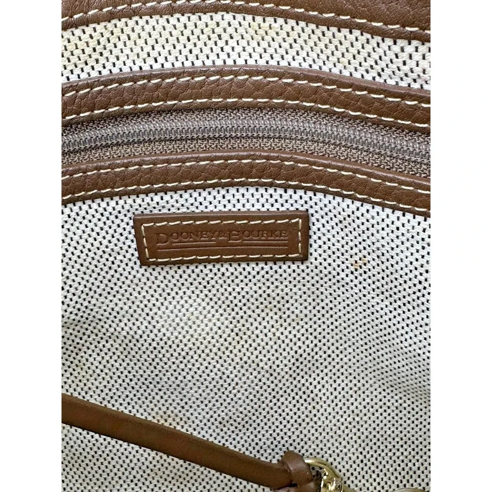 Vtg Dooney Bourke Purse DB Logo Canvas Jacquard Leather‎ Trim Brown Slim